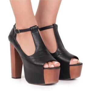 Jeffrey Campbell Women's Black Foxy Wood Platform Heel Sandals T-strap Size 8.5